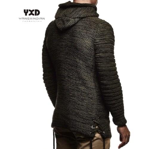 Men Clothes Casual Coat Beige Striped Spliced Knitted Cardigan Man Full Zip Mens Sweaters Warm Winter Hooded Mans Sweater Male