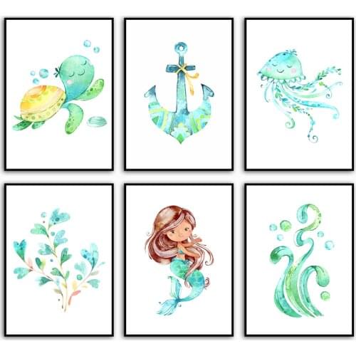 Mermaid Turtle Jellyfish Seaweed Plant Wall Art Canvas Painting Nordic Posters And Prints Wall Pictures Baby Kids Room Decor