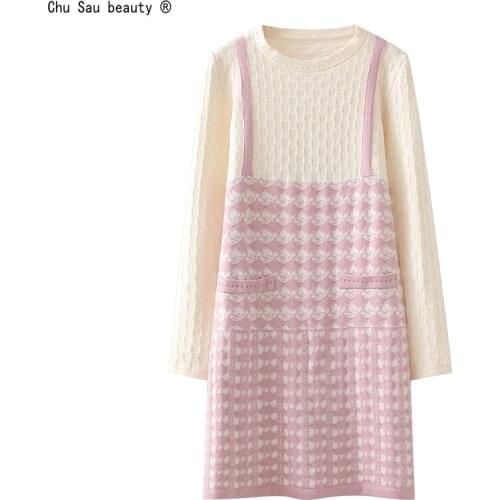 2021 Autumn New Fashion O-Neck Loose Cute Fake Two-Piece Jacquard Long-Sleeve Plaid Pullover Knitted Dress Women Vestido Casual