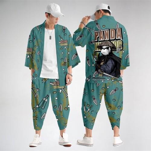 Autumn Japanese Style Clothing Set Samurai Man Kimono Trousers Breathable Kimono Top Pants Outfit Kimono Sets