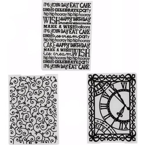3 Styles Plastic Embossing Folder Lace English Clock Scrapbooking Photo Album Card DIY Plastic Template Embossing Cake Mold