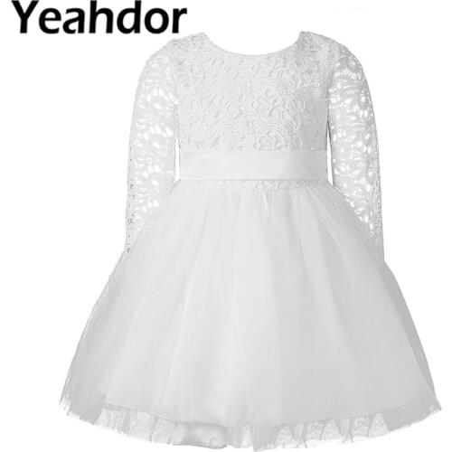 Flower Girl Dress Infant Baby Girls Long Sleeves Lacework with Detachable Bowknot Princess Tutu Dress Party Dresses for Wedding