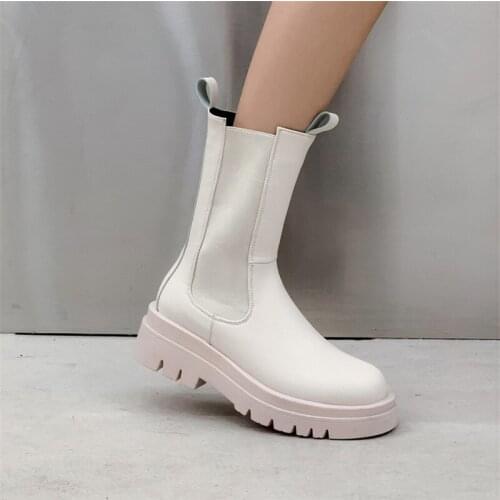 PXELENA Hot Women Chelsea Boots Chunky Platform Med Heels Thick Sole Martin Boots 2020 Winter Shoes Plus Size 34-43 Black Brown