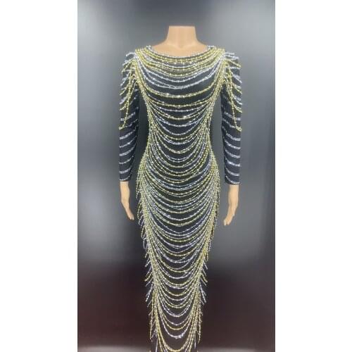 Silver Gold Rhinestone Beaded Long Dress Birthday Bar Spandex Outfit Dress Women Dancer Show Prom Party Dress