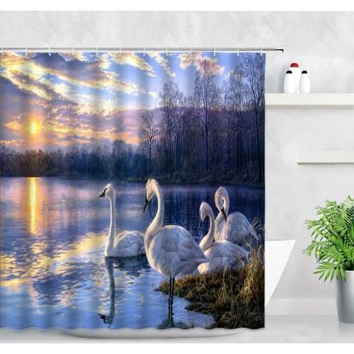 Sunset White Swan Shower Curtain Forest Lake Water Oil Painting Art Scenery Fabric Bathroom Decor Screen Hooks Bath Curtains Set