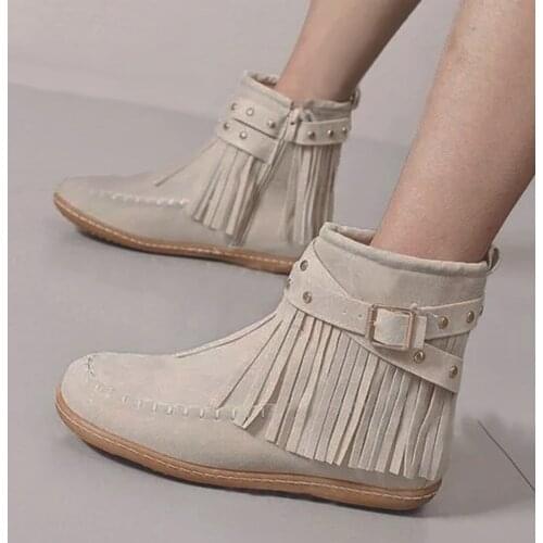 2020 tassel boots womens flat-bottomed round head side zipper retro flat-heeled womens short boots fashion buckle womens shoes