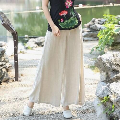 Summer New Arts Style Women Elastic Waist Loose Casual Pants Plus Size Vintage Cotton Linen White Wide Leg Pants Female S602