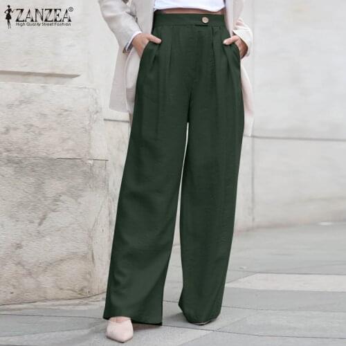 2021 ZANZEA Women Autumn Trousers Casual High Waist Solid Elegant OL Ladies Wide Leg Pants Loose Long Pantalon Turnip Palazzo