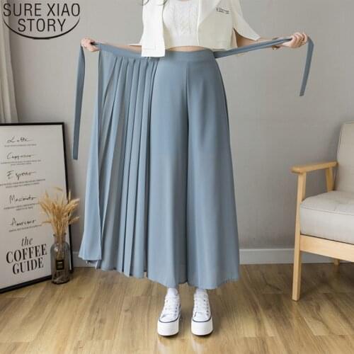 Spring Summer New Style Korean Women Pleated Chiffon Trousers Plus Size High Waist Pants Hakama Casual Wide Leg Pantalones 15888