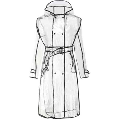 Women Transparent Raincoat Belted Waterproof Jacket Clear Rain Hooded Coat Poncho Household Products