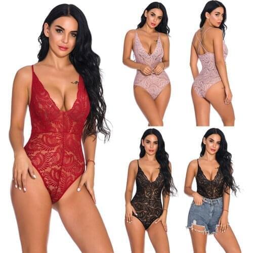 Women Sleeveless Solid Color Lace Deep V Neck Jumpsuit Lingerie Fashion for Home SN-Hot