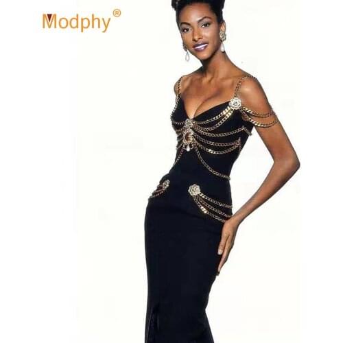 2020 Summer New Womens Bandage Long Dress Sexy Sleeveless Spaghetti Chain Decoration Split Bodycon Party Evening Club Vestidos