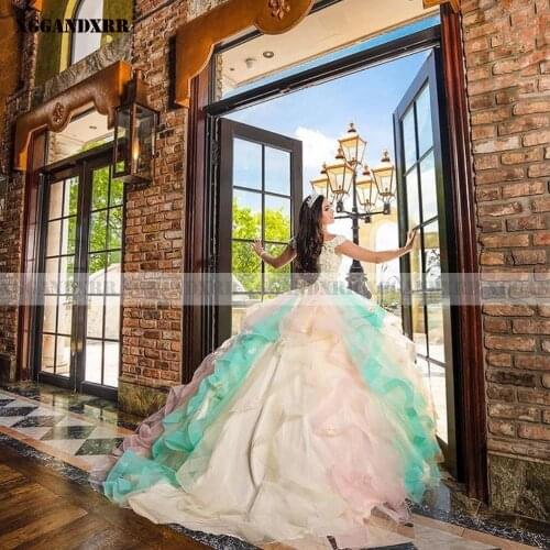 Beautiful Ball Gown Quinceanera Dress 2022 Tulle Flowers Ruffles Long As Picture Sleeveless Prom Dress Sweep Train