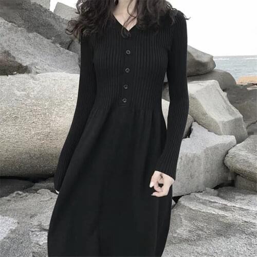 2021 Autumn Winter Dress Womens V Neck Long Sleeve Front Buttons Slim Waist A Linen Knittin Dress Elegant Fashion Clothes Black