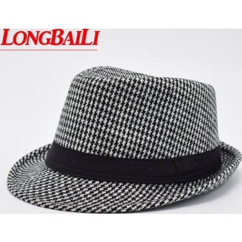 Winter Black And White Houndstooth Pattern Fedora Hats For Men Chapeu Masculino Panama Jazz cap MEDB001