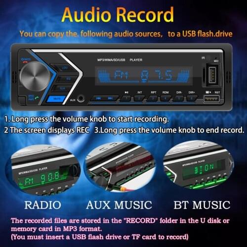 1 Din 12V MP3 Car Radio Colorful Light Dual Bluetooth Hands-free 4.0 Audio Source Copy 87.5~108MHZ TF FM 2SUD 12V 60Wx4