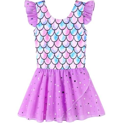 BAOHULU Girls Ballet Dress Kids Fish Scale Print Multicolor Dance Skirt Sleeveless Tulle Dance Dress Princess Leotard for Girls