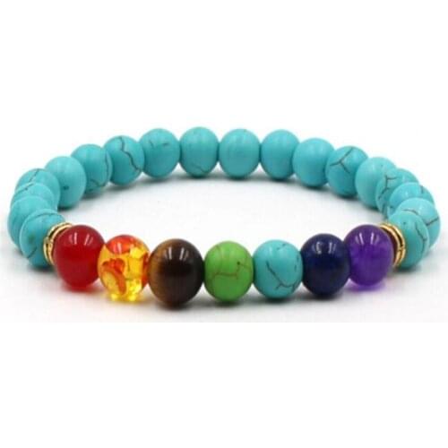 8mm Chakras Turquoise Bracelet Unisex Lucky Reiki Diy Spirituality Mala Pray 7.5inches Bless Stretchy