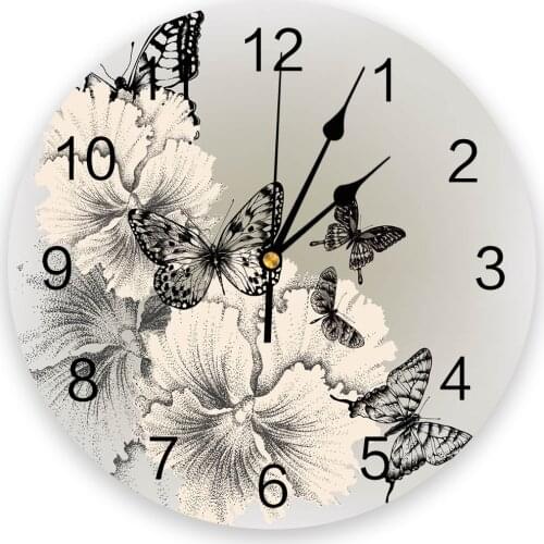 Black And White Butterfly Flower Art Living Room Clock Wall Round Clocks Decor Home Bedroom Kitchen Decoration Wall Clocks
