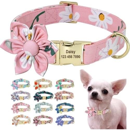 Floral Persoalized Dog Collar Fashion Printed Custom Nylon Dog Collars With Free Engraved Nameplate For Small Medium Large Dogs