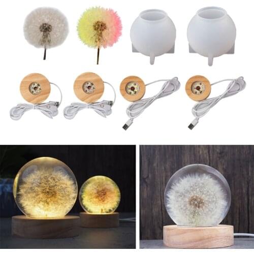 Crystal Ball LED Night Lights Epoxy Resin Mold Home Decoration Silicone Mold Wooden LED Lighted Base Dried Dandelion Flower