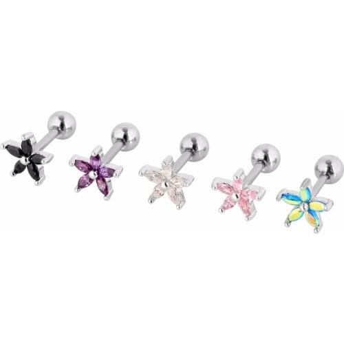 Lot 50pcs Body Jewelry- Shine CZ Gems Flowers Ear Studs/Earring Stainless Steel Helix Bar Upper Earring Cartilage Body Piercing
