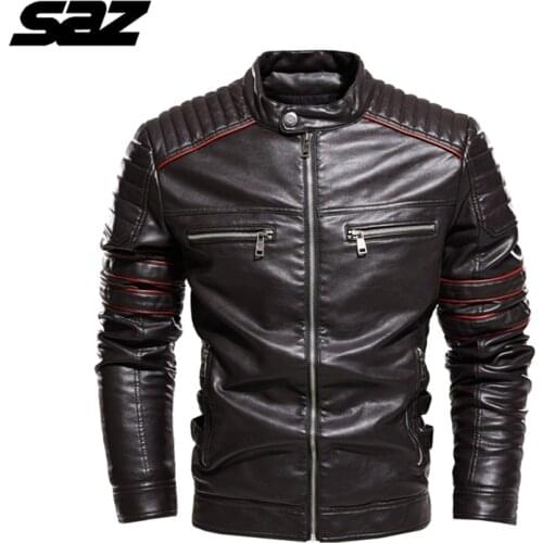Saz Men New Motorcycle Casusal Vintage Leather Jacket Coat Men Outfit Fashion Biker Pocket Design PU Leather Jacket Men