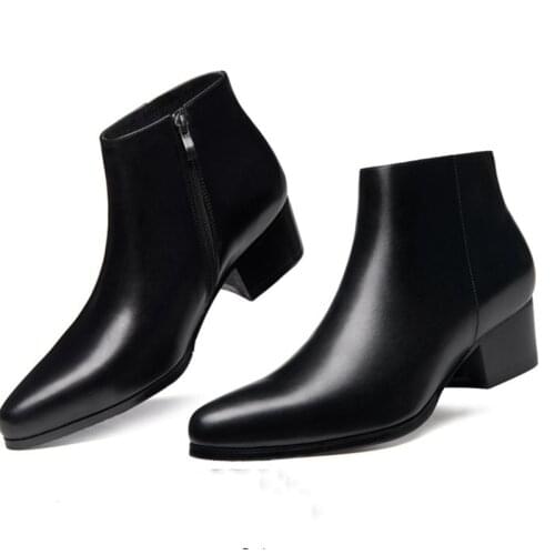 2020 Winter Men Winter Genuine Cow Leather Chelsea Boots Zipper 5cm Thick Heel Handsome Brogue Casual Ankle Shoes Dress Boots