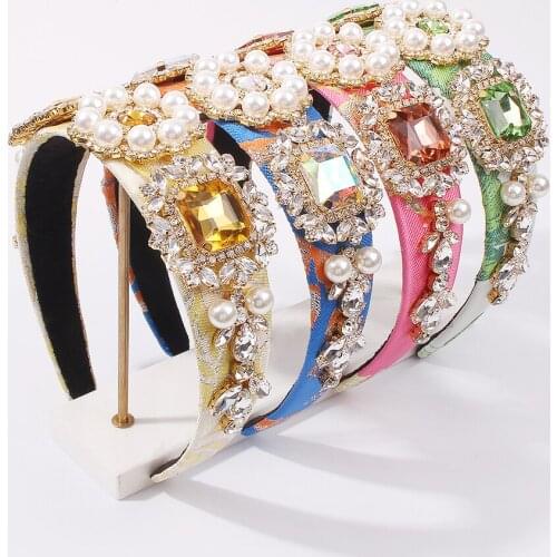 Headband Hair Jewelry Colorful Rhinestone Diamante Hairband for Women Luxury Faux Pearls Hair Bead Party Female Accessories
