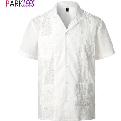 White Cuban Camp Guayabera Shirt Men Stylish Embroidered Woven Button-Down Shirts Mens Mexican Caribbean Style Beach Shirts 2XL