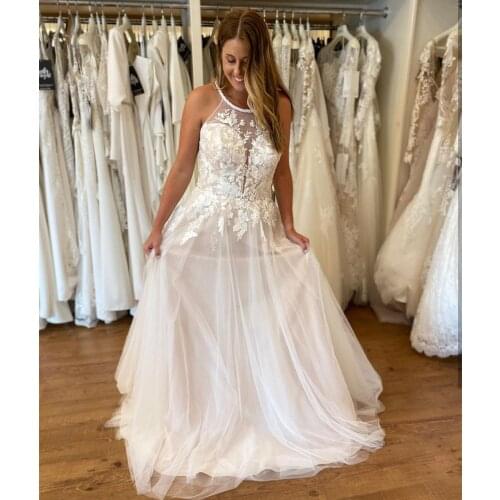 Wedding Dress Halter Lace Appliques Sleeveless Tulle Women Bridal Gowns Charming For Lady Bohemian White Beach Simple Robe DE