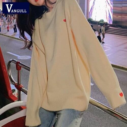 Vangull Embroidery Heart Sweater Women Solid Pullovers O-Neck Knitted Autumn Winter Harajuku Shirt Oversized Sweater Korean Tops