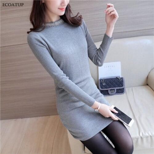 Long Sweater Female Autumn Winter Fashion Beading O-Neck Slim Long Sleeve Black Grey Knitted Jumper Women Sweaters and Pullovers