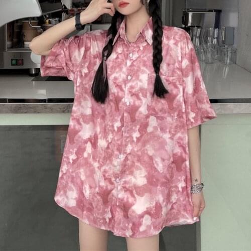 JMPRS Tie Dye Streetwear Women Shirt Summer Short Sleeve Loose Oversized Girls Long Shirt Pink Pocket Ladies Print Shirts New