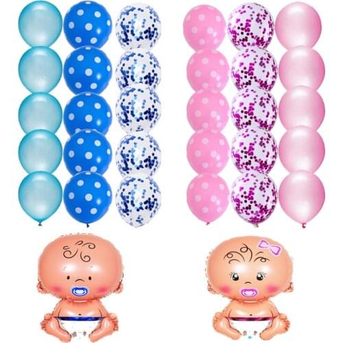 16Pcs/Set Blue Pink Color Spot Gender Reveal Aluminum Film Balloon Baby Bottle Foot Sequin Latex Ball Childrens Birthday Party