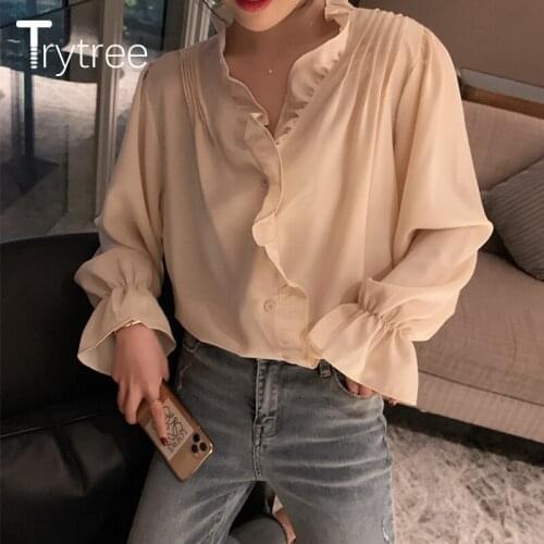 Trytree 2020 Spring Autumn Women V-neck Blouse Casual Ruffled Single Breasted Butterfly Sleeve Solid 3 Color Loose Blouse Tops