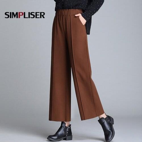 Women Pants Elastic Wasit Female Ankle Length Trousers Wide Leg Pants Black Beige Plus Size 3XL Femme Pantalon 2020 Winter