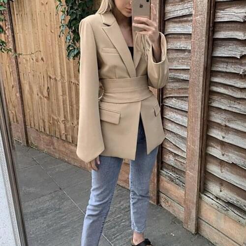 2021 Blazer Women Khaki Black Jacket Sashes Long Sleeve Lapel Collar Streetwear Coats And Jackets Women Long Blazer