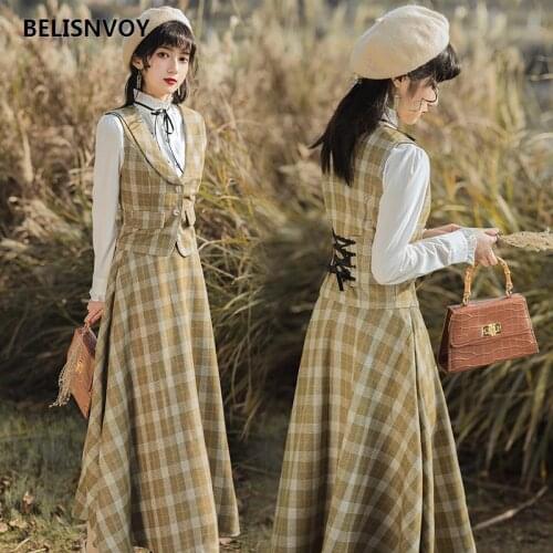 2021 Spring Floral Embroidery 3Piece Women Outfits Full Sleeve White Shirt and Plaid Skirt and Vest Female 3 Pieces Sets