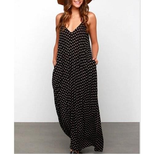 New Trendy Dot Black Printed V-Neck Bodycon Women Summer Sleeveless S-XL Long Maxi Dress Sundress Vestidos Femme