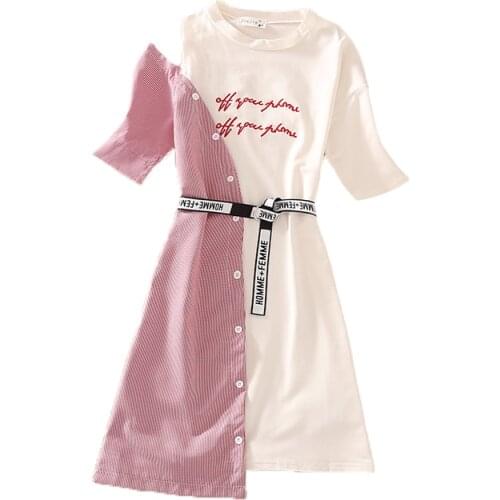 Women Spring Summer Style Dress Stripe Splicing Asymmetrical Lace-Up Button O-Neck Elegant Vintage Dresses Ladies Vestidos G1199
