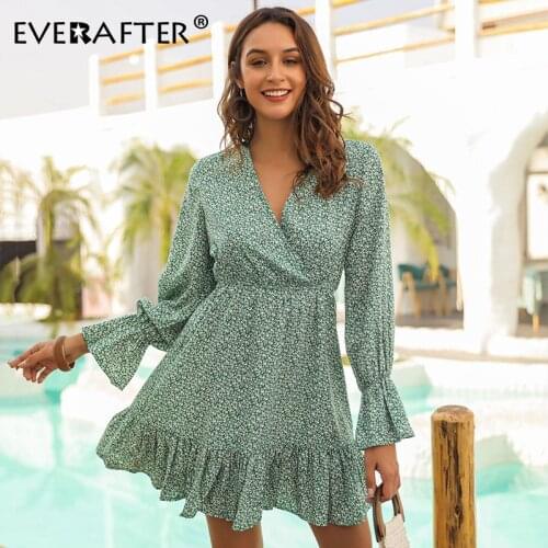EVERAFTER Casual boho floral print dress women sexy v neck long sleeve high waist ruffles spring streetwear female mini dress