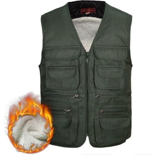 Warm Fleece Vest Multi Pockets Men Winter Thick Loose Sleeveless Jacket Male Photography Waistcoat Vest Big Size