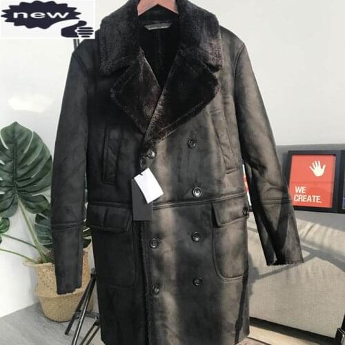 Winter Mens Shearling Overcoat Thick Fur Lining Warm Long Double Breasted Suede Leather Jacket Motorcycle Outwear Coat