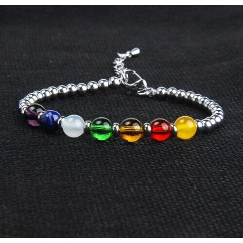 4mm Stainless Steel Chakras Rainbow Color Natural Stone Beads Bracelet Size Adjustable Lobster Clasp Love Jewelry Friend Gift