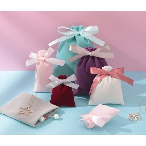 50 Ribbon Velvet Gift Bag Jewelry Packaging Custom Drawstring Pouch Lipstick Eyelashes Wedding Party Makeup Bags Wrapping Supply