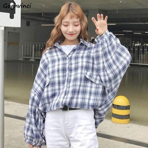 Blouses Shirts Women Long Batwing-sleeve Plaid Loose 2XL Harajuku Korean Street Wear Students All-match BF Spring Casual Chic