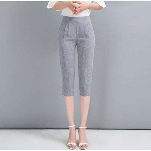 Womens Cotton Linen Harem Capris Pants 2020 Spring Summer Office Ladies Thin Mid Elastic Waist Calf-Length Pants