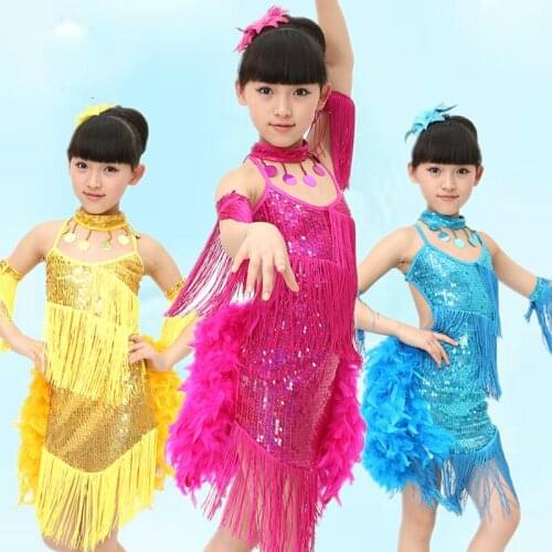 Paillette Child Latin Dance Dress Vestido Feather Salsa Dance Dress Performance Dresses for Girls Tassel Samba Dance Costume 89