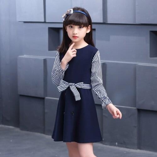 Back To School Clothes 2019 Teenager Dress Girls Clothes Autumn Blue Striped Kids Girls Shirt Long Sleeve Dresses Baby Kids